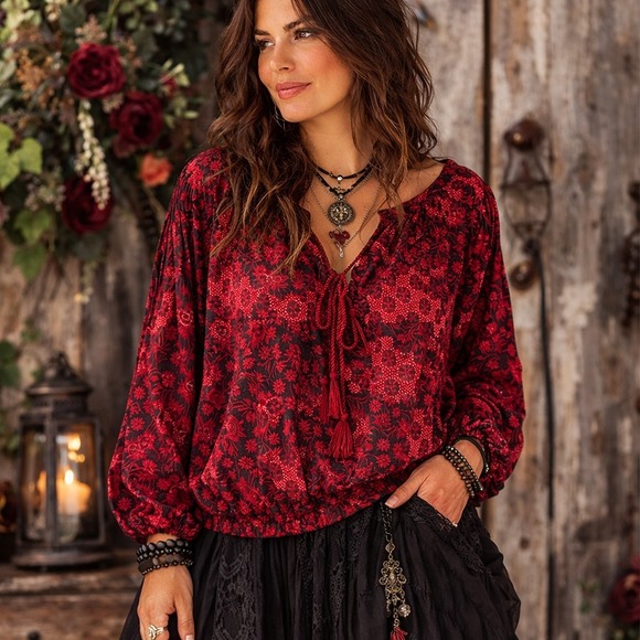 Lucky Brand Tops - Lucky Brand Blouse Womens 1X Red Black Floral Boho Peasant Goth Cottagecore Folk
